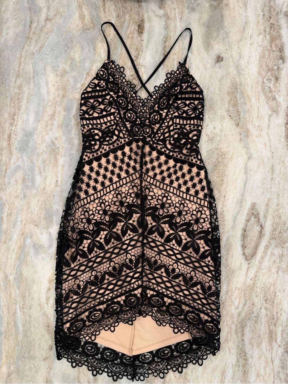 Astr Black Lace Mini Dress with Nude Lining
